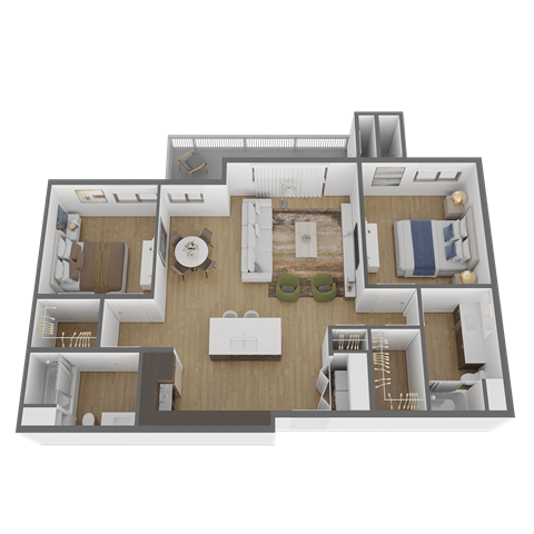 Floor plan for 2 beds, 2 baths, 1167 sqft